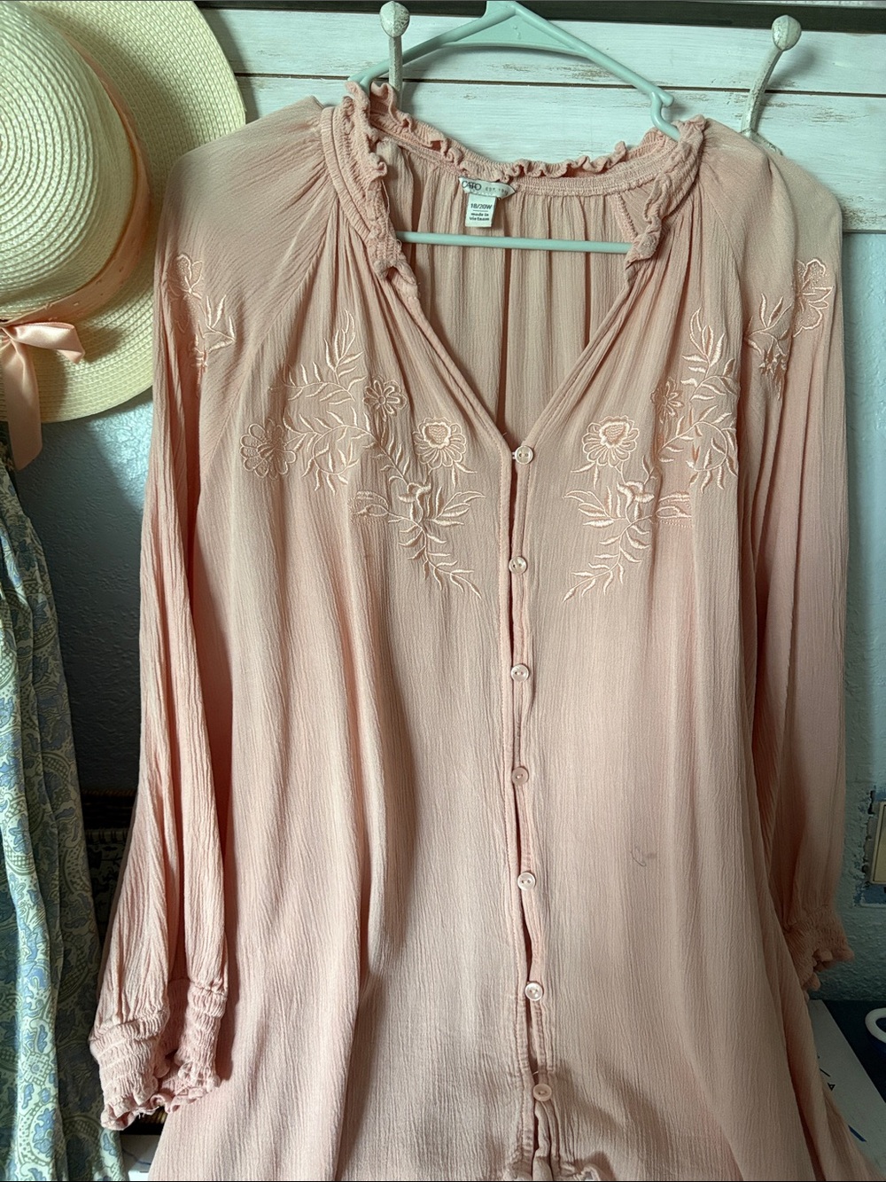 Cato Dusty Pink Embroidered Button-Front Peasant Tunic